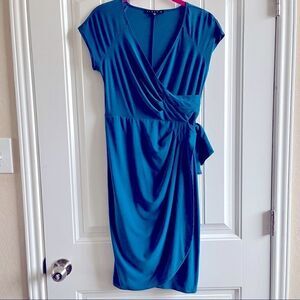 Tiana B Vintage Teal V Neck Faux Wrap Short Sleeve Dress SZ XS Great Condition